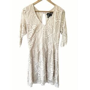 Johnny Was Cream Crochet Lace 3/4 Sleeve V-Neck A-Line Mini Dress Size Small